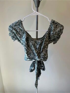 Floral Tie-Front Puff Sleeve Crop Top - Green